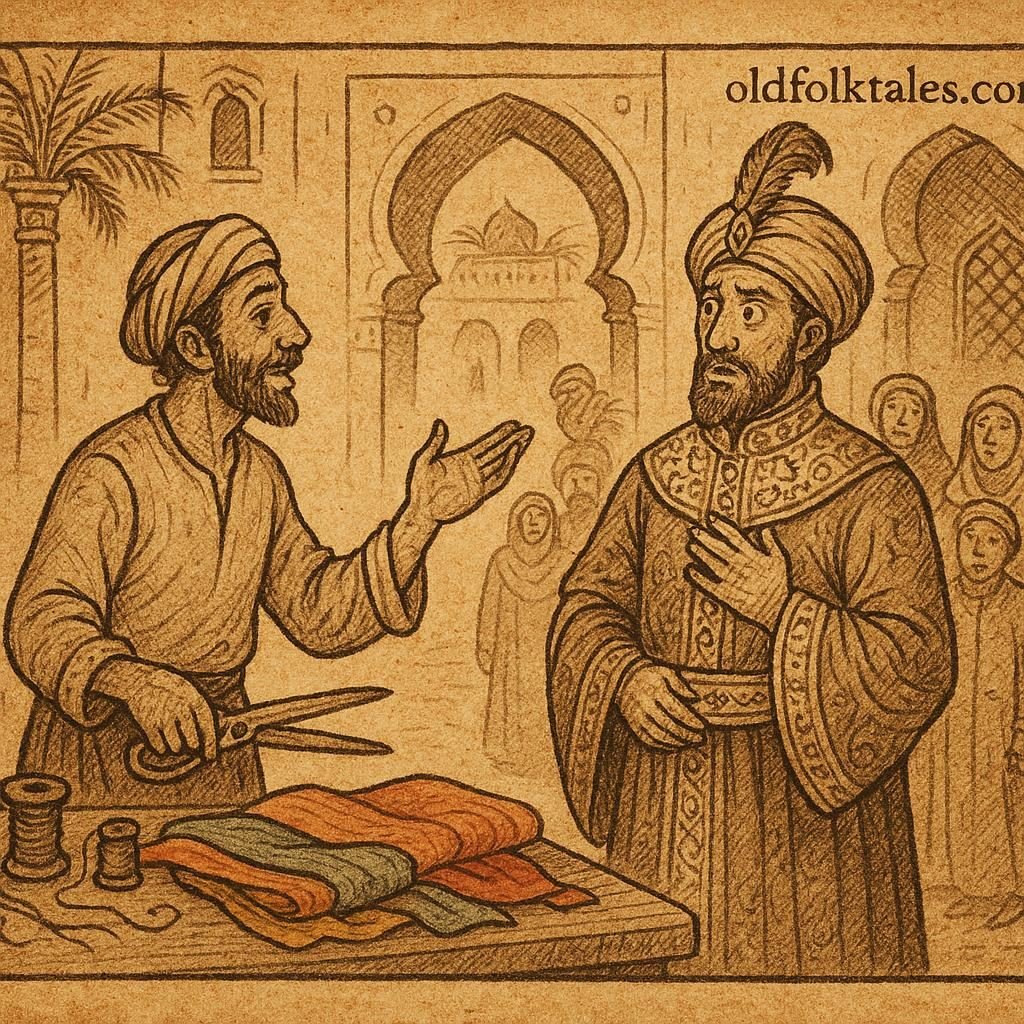 A clever Moroccan tailor in Marrakesh uses storytelling to outwit a greedy vizier.