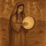 Berber bride in Matmata holding a glowing drum as ancestral spirits appear around her under the desert night sky