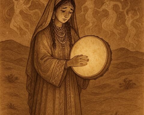 Berber bride in Matmata holding a glowing drum as ancestral spirits appear around her under the desert night sky
