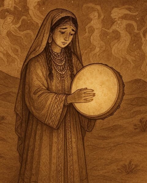 Berber bride in Matmata holding a glowing drum as ancestral spirits appear around her under the desert night sky
