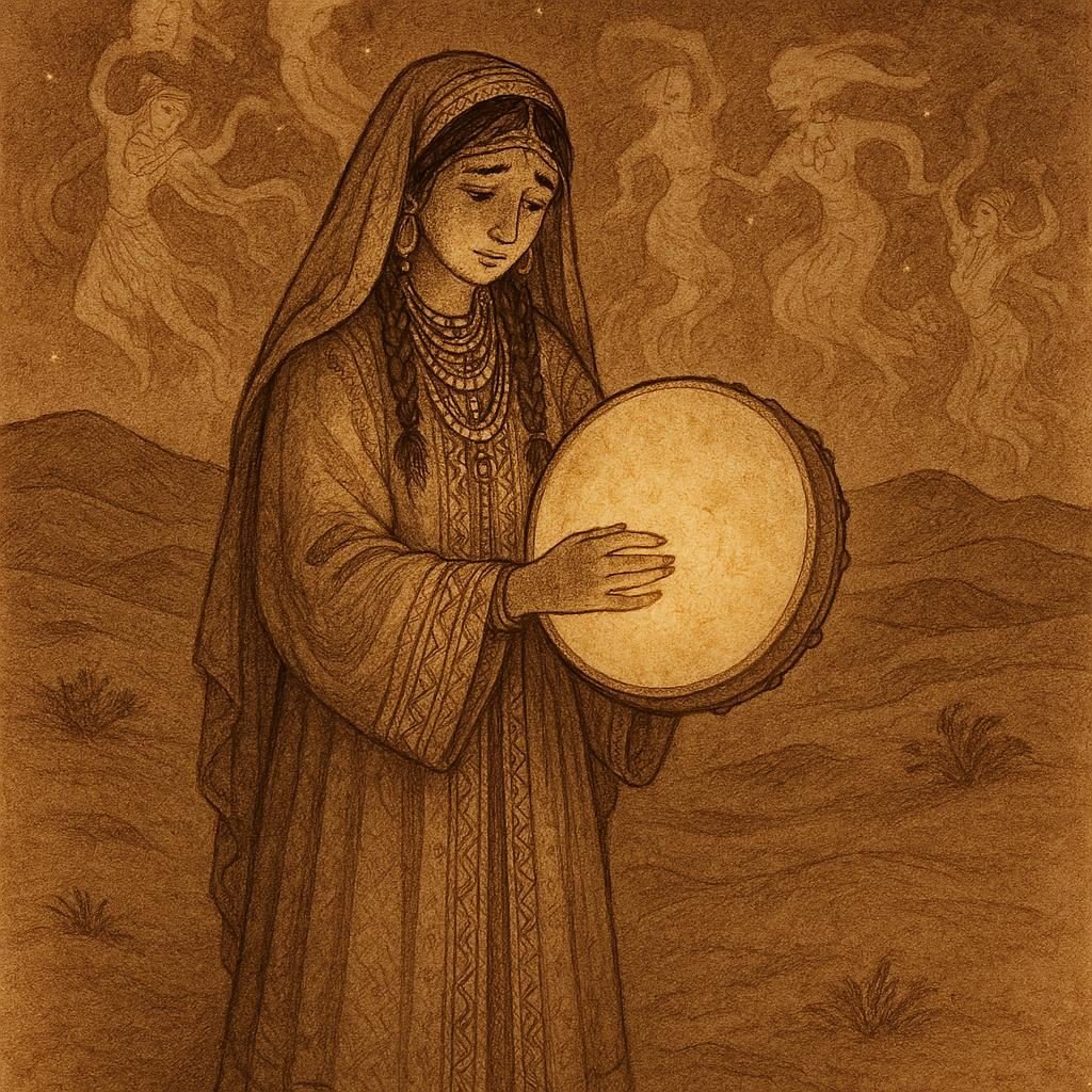 Berber bride in Matmata holding a glowing drum as ancestral spirits appear around her under the desert night sky