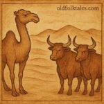 camel in the Moroccan desert wishing for horns while watching bulls