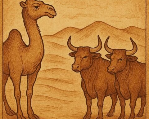 camel in the Moroccan desert wishing for horns while watching bulls