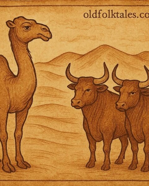 camel in the Moroccan desert wishing for horns while watching bulls