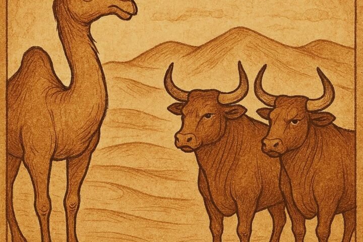 camel in the Moroccan desert wishing for horns while watching bulls