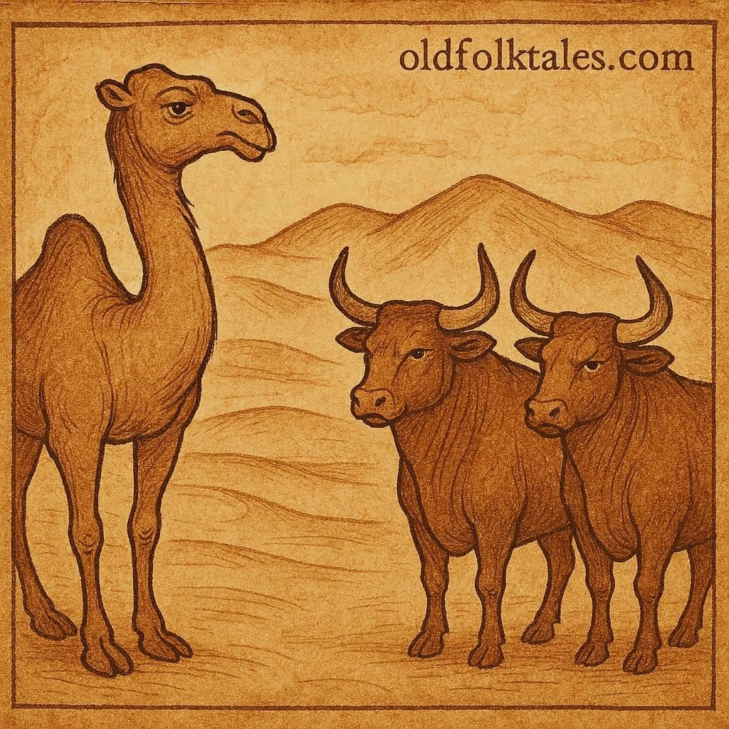 The Camel Who Asked for Horns – Amazigh Folktale | FolktalesAfrica.com camel in the Moroccan desert wishing for horns while watching bulls