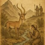 Magical gazelle with golden horns by a spring in the High Atlas Mountains, watched by hunters and a shepherd boy