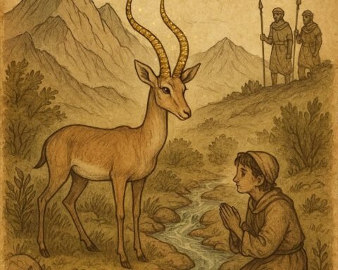 Magical gazelle with golden horns by a spring in the High Atlas Mountains, watched by hunters and a shepherd boy
