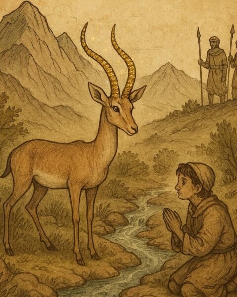 Magical gazelle with golden horns by a spring in the High Atlas Mountains, watched by hunters and a shepherd boy