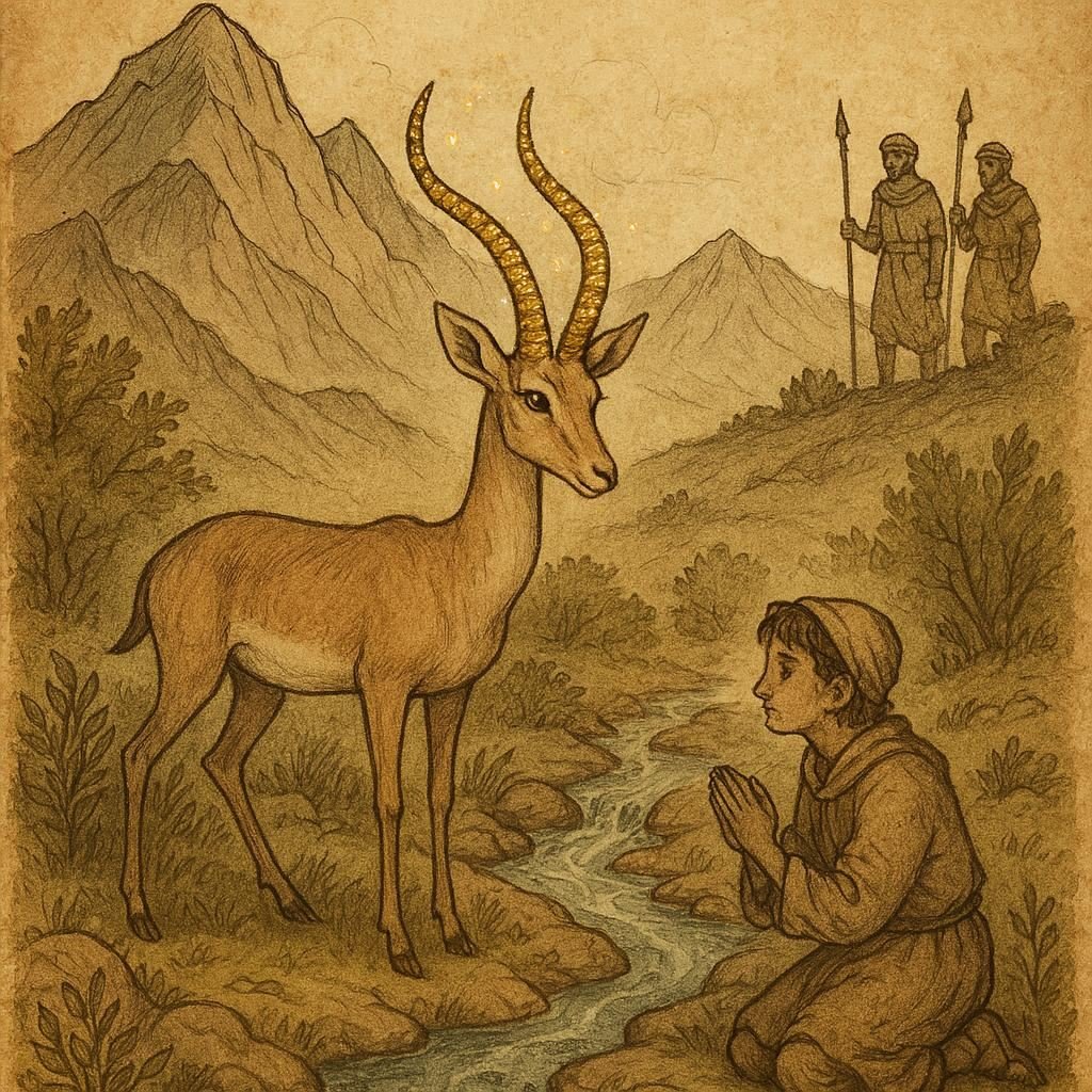 The Gazelle with Golden Horns – Amazigh folktale | FolktalesAfrica.com Magical gazelle with golden horns by a spring in the High Atlas Mountains, watched by hunters and a shepherd boy