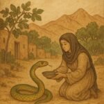 A Moroccan widow offers water to a golden-green serpent on a village road with mountains and fig trees
