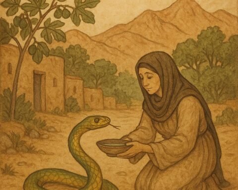 A Moroccan widow offers water to a golden-green serpent on a village road with mountains and fig trees