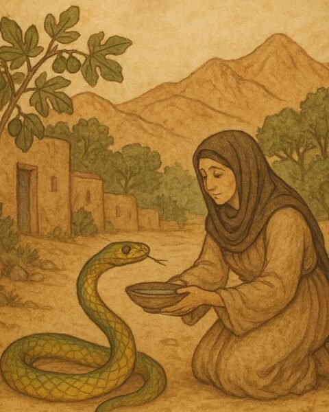 A Moroccan widow offers water to a golden-green serpent on a village road with mountains and fig trees