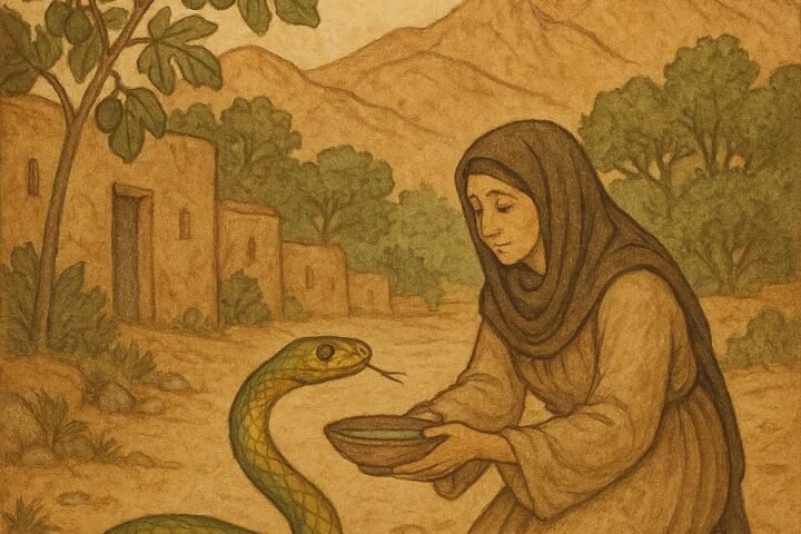 A Moroccan widow offers water to a golden-green serpent on a village road with mountains and fig trees