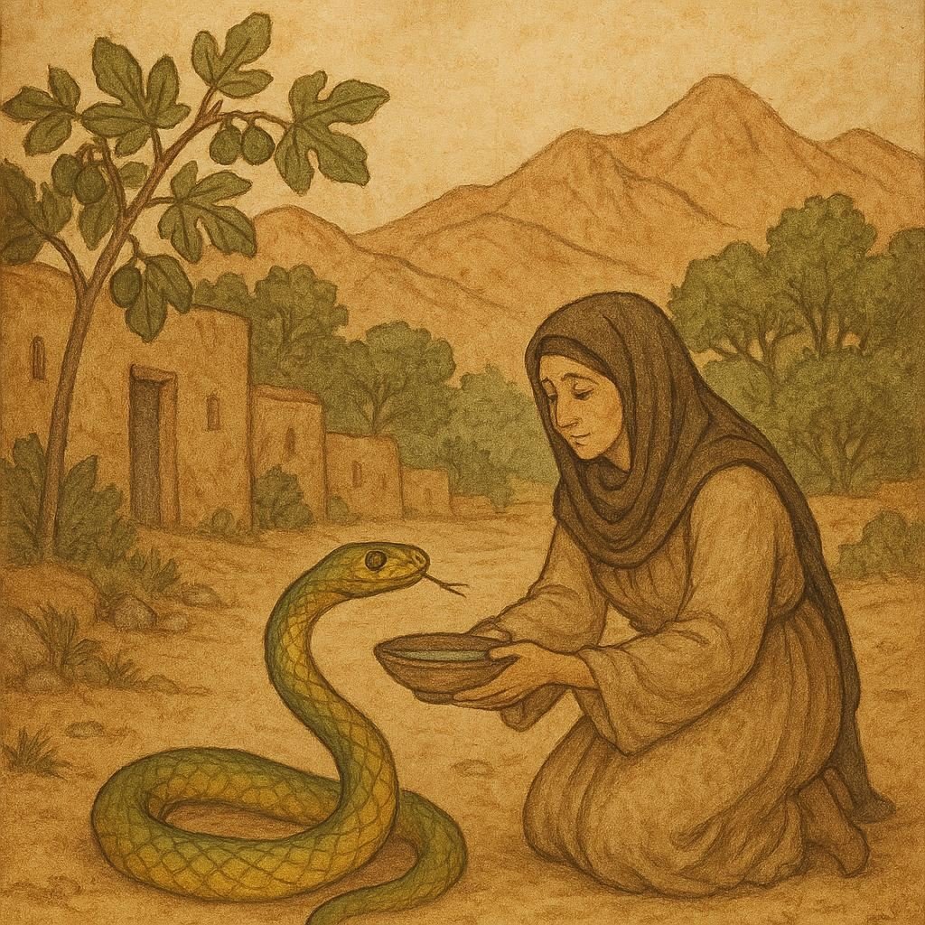 The Widow and the Serpent King Moroccan Folktale | FolktalesAfrica.com A Moroccan widow offers water to a golden-green serpent on a village road with mountains and fig trees