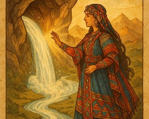 An Amazigh princess in colorful traditional dress stands by a mountain cave as a hidden spring flows into the valley