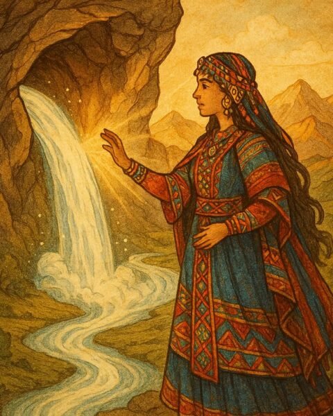 An Amazigh princess in colorful traditional dress stands by a mountain cave as a hidden spring flows into the valley