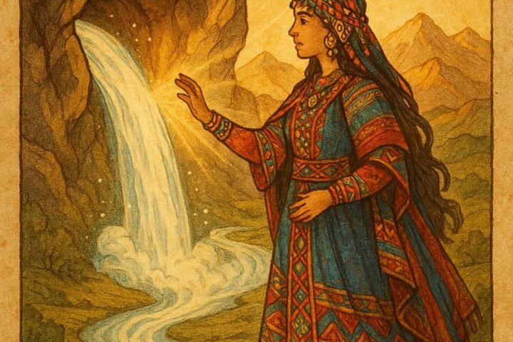 An Amazigh princess in colorful traditional dress stands by a mountain cave as a hidden spring flows into the valley