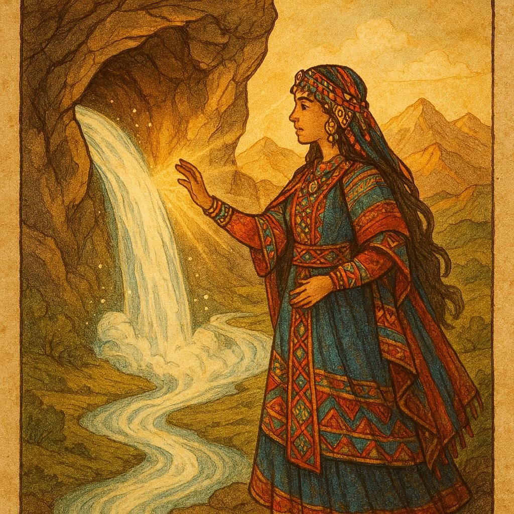 An Amazigh princess in colorful traditional dress stands by a mountain cave as a hidden spring flows into the valley