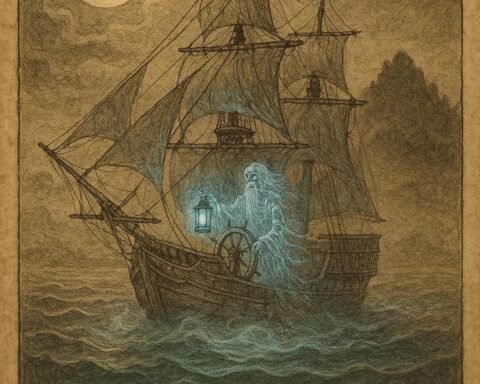 a ghostly ship drifting through mist near Eden Island under moonlight, with a transparent captain holding a glowing blue lantern at the helm