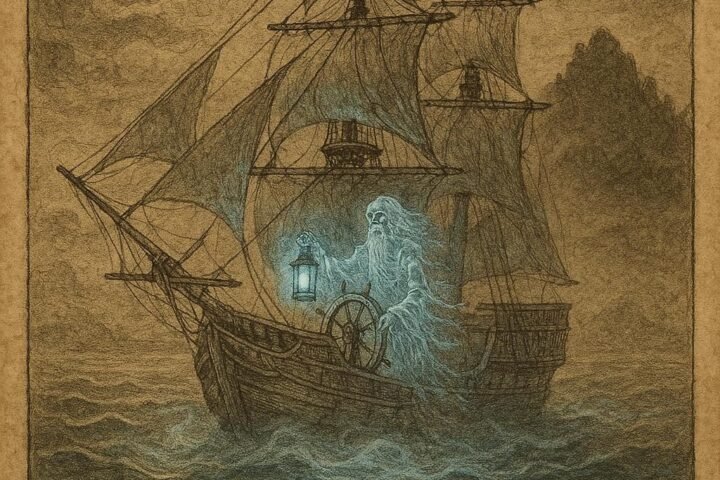 a ghostly ship drifting through mist near Eden Island under moonlight, with a transparent captain holding a glowing blue lantern at the helm
