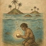 a humble Seychellois diver discovering a glowing magical pearl underwater, as new tropical islands rise from the sea