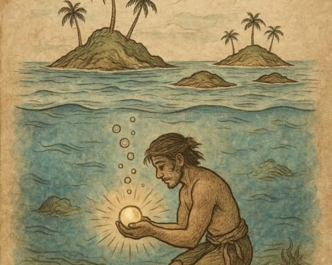 a humble Seychellois diver discovering a glowing magical pearl underwater, as new tropical islands rise from the sea