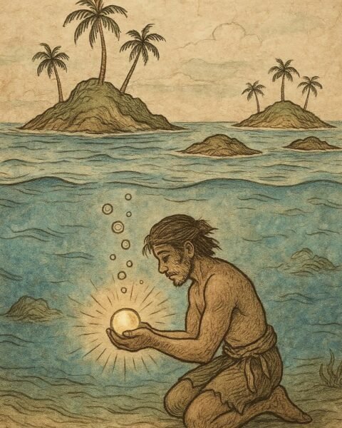 a humble Seychellois diver discovering a glowing magical pearl underwater, as new tropical islands rise from the sea