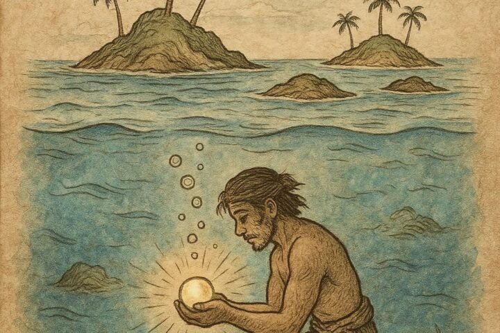 a humble Seychellois diver discovering a glowing magical pearl underwater, as new tropical islands rise from the sea