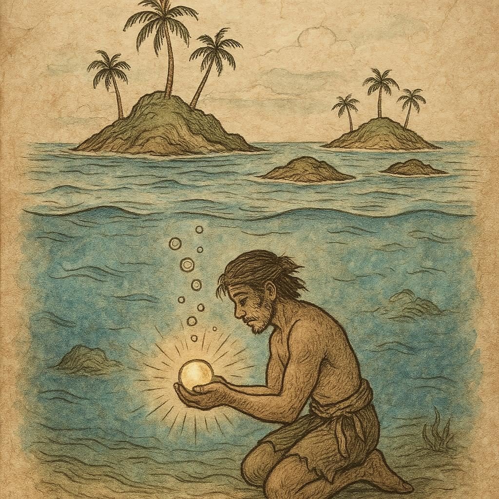 a humble Seychellois diver discovering a glowing magical pearl underwater, as new tropical islands rise from the sea
