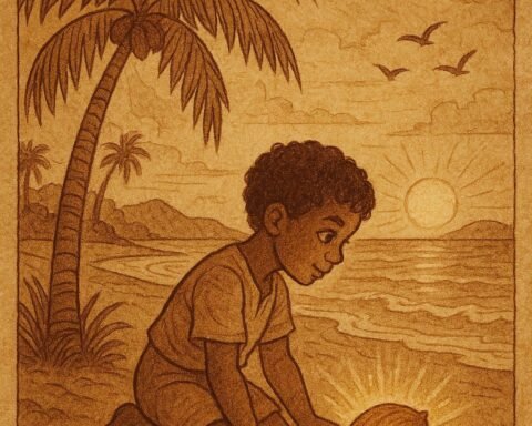 a young Seychellois boy listening to a glowing coconut beneath a palm tree near a calm lagoon at sunrise