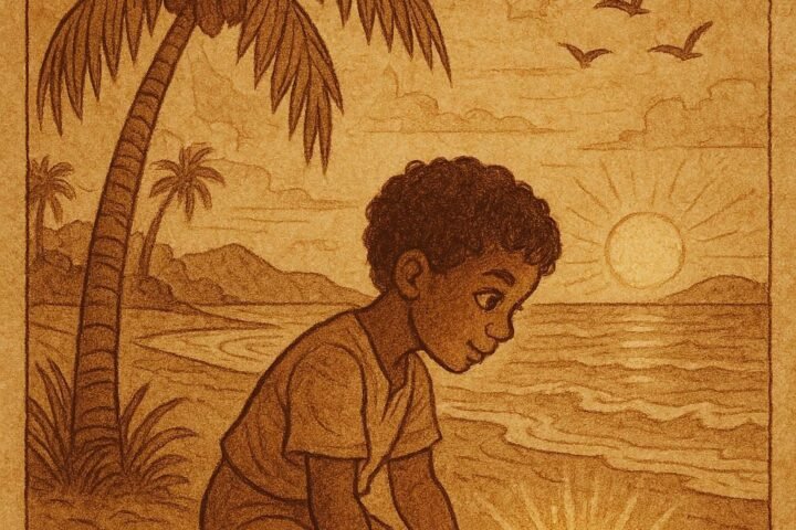 a young Seychellois boy listening to a glowing coconut beneath a palm tree near a calm lagoon at sunrise