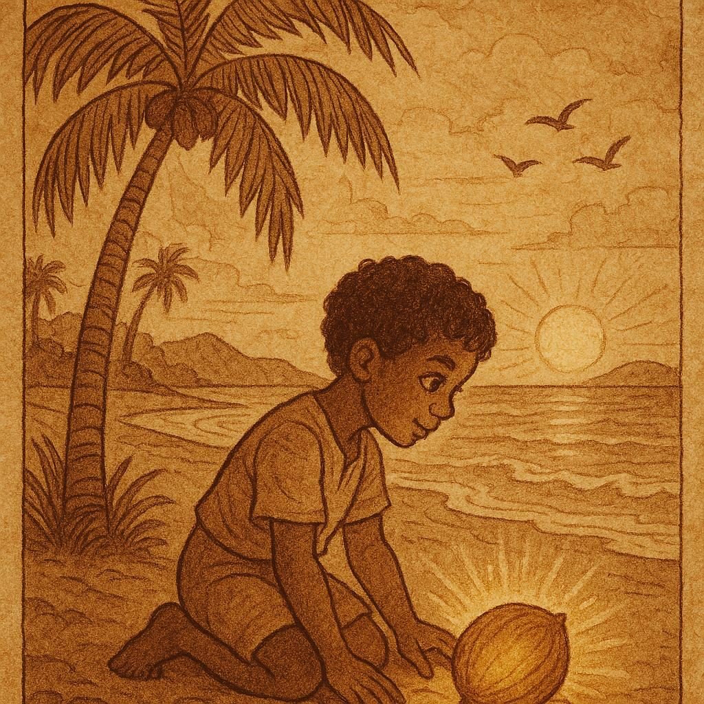 a young Seychellois boy listening to a glowing coconut beneath a palm tree near a calm lagoon at sunrise