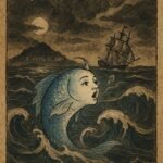 a glowing fish with a human-like face singing from stormy seas near Saint Anne Island, warning a sailing ship as moonlight reflects on the waves