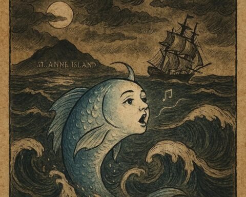 a glowing fish with a human-like face singing from stormy seas near Saint Anne Island, warning a sailing ship as moonlight reflects on the waves