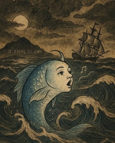 a glowing fish with a human-like face singing from stormy seas near Saint Anne Island, warning a sailing ship as moonlight reflects on the waves