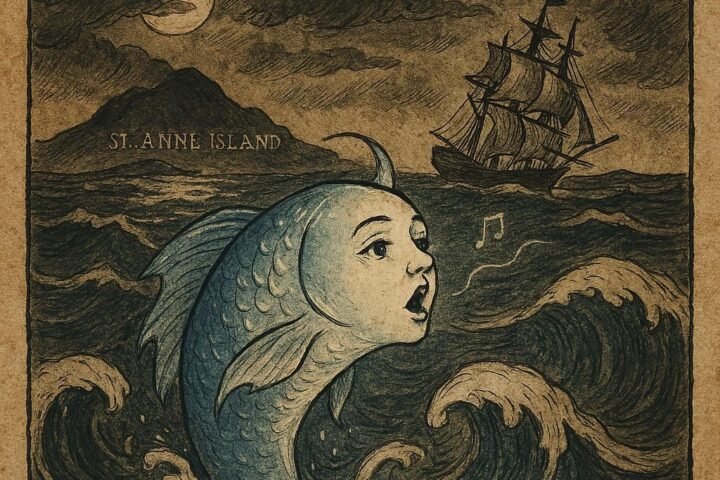 a glowing fish with a human-like face singing from stormy seas near Saint Anne Island, warning a sailing ship as moonlight reflects on the waves