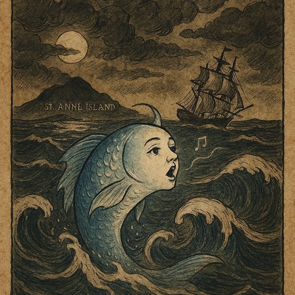 a glowing fish with a human-like face singing from stormy seas near Saint Anne Island, warning a sailing ship as moonlight reflects on the waves