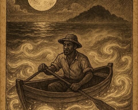 a Seychellois fisherman watching his island drift away under the moonlit sea, inspired by the folktale “The Fisherman and the Island That Moved.”