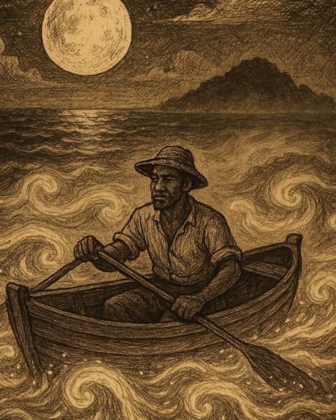 a Seychellois fisherman watching his island drift away under the moonlit sea, inspired by the folktale “The Fisherman and the Island That Moved.”