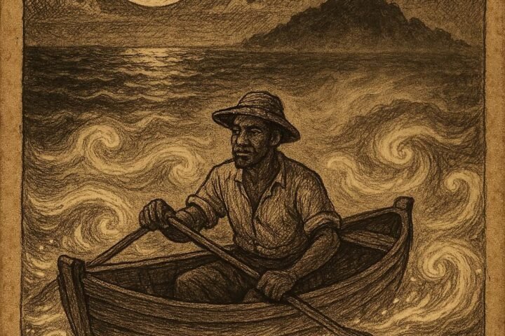 a Seychellois fisherman watching his island drift away under the moonlit sea, inspired by the folktale “The Fisherman and the Island That Moved.”