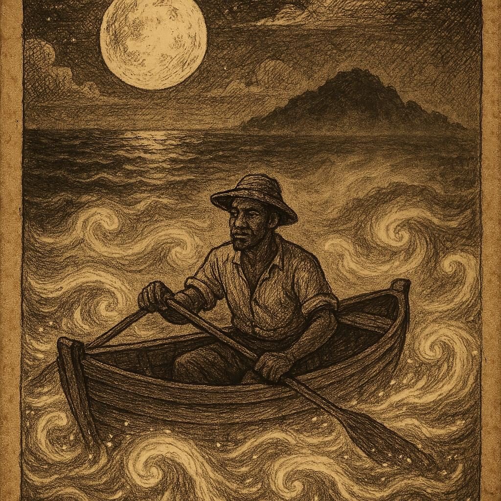 The Fisherman and the Island That Moved – Seychellois Sea Legend | FolktalesAfrica.com a Seychellois fisherman watching his island drift away under the moonlit sea, inspired by the folktale “The Fisherman and the Island That Moved.”