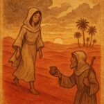 Princess Amira walking humbly through the red dunes of Douz as rain clouds gather above, with a shepherd offering her water