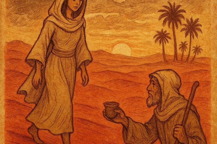 Princess Amira walking humbly through the red dunes of Douz as rain clouds gather above, with a shepherd offering her water