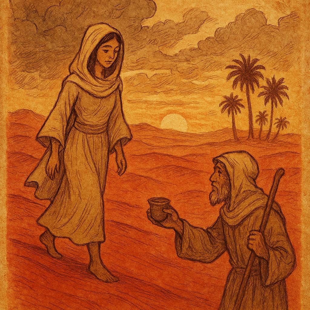 The Princess of the Red Dunes – Tunisian Desert Folktale | FolktalesAfrica.com Princess Amira walking humbly through the red dunes of Douz as rain clouds gather above, with a shepherd offering her water