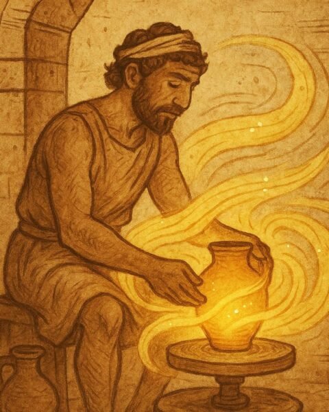 A potter in ancient Carthage shaping clay with the help of a glowing wind spirit.