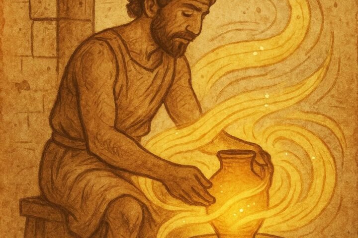 A potter in ancient Carthage shaping clay with the help of a glowing wind spirit.