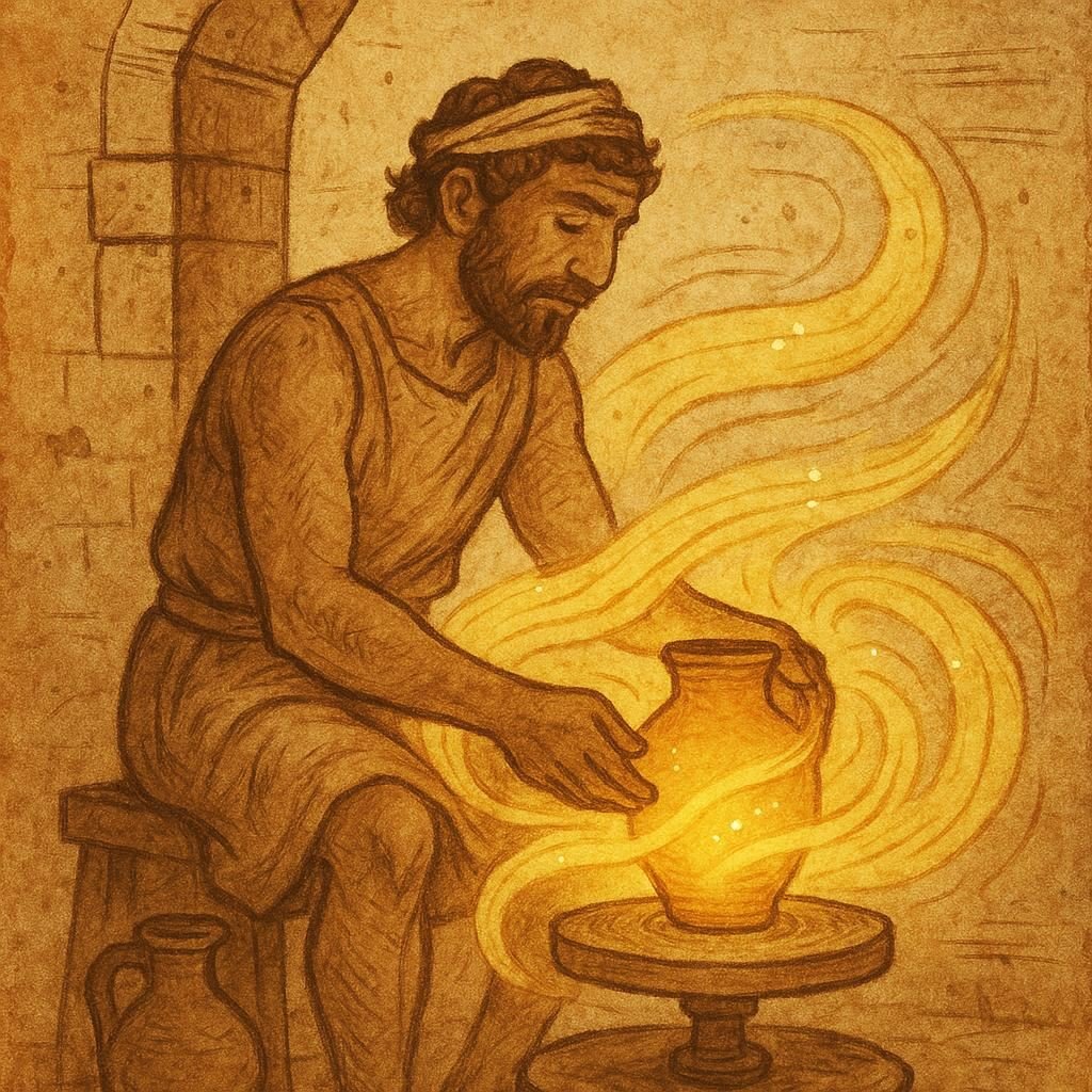 A potter in ancient Carthage shaping clay with the help of a glowing wind spirit.