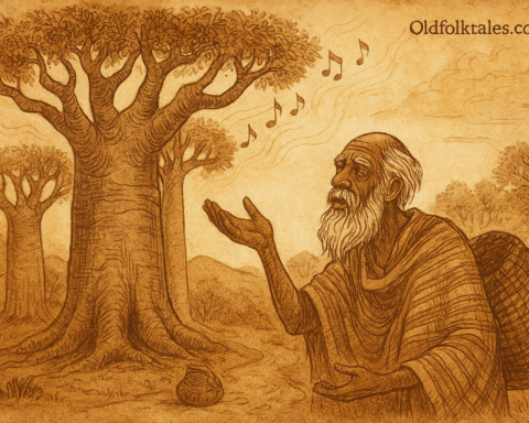 Parchment-style illustration of the old man listening to singing baobab trees; South African folktale from Limpopo.