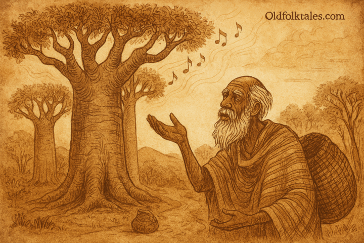 Parchment-style illustration of the old man listening to singing baobab trees; South African folktale from Limpopo.
